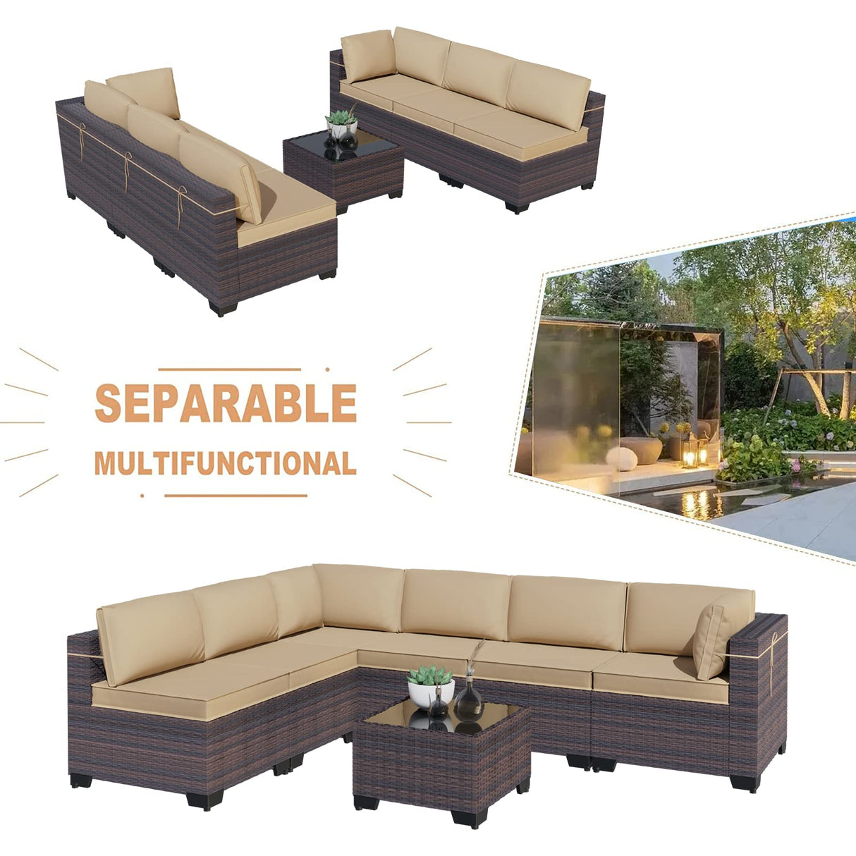 Patio Furniture 7 Pieces Outdoor Sectional PE Rattan Sofa Set Brown Manual Wicker