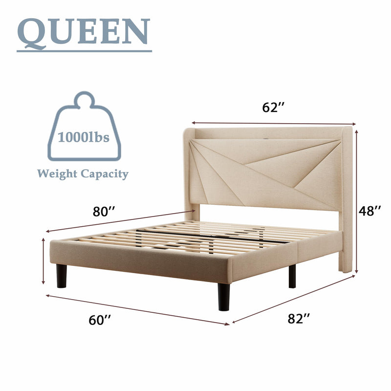 Queen Size Bed Frame with Type-C & USB Ports, Upholstered Platform Bed Frame