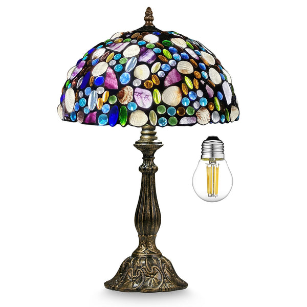 Tiffany Table Lamp,Stained Glass Lamp with Natural Shell and Amethyst,12" Vintage