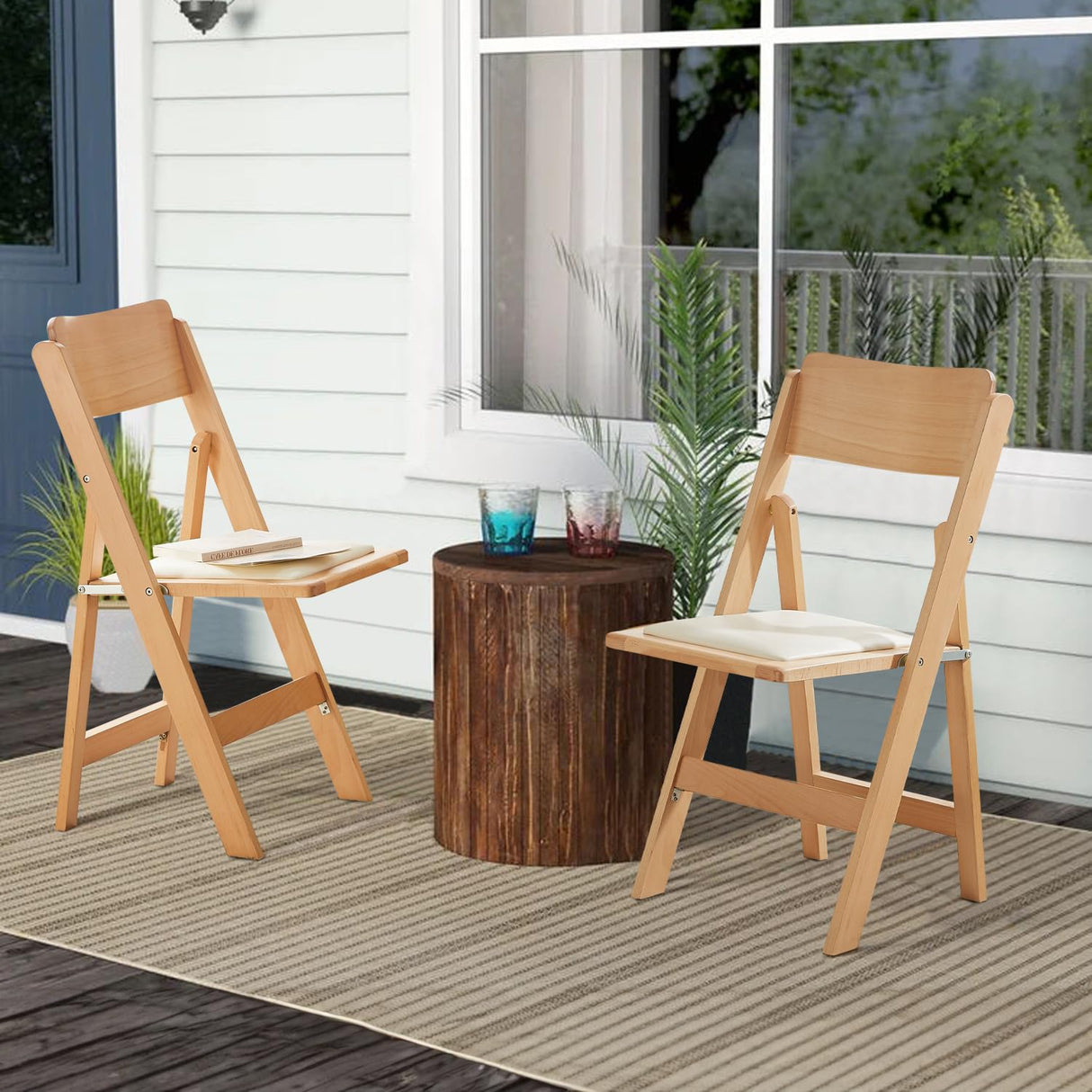 Wooden Folding Chair Nature Beech Frame with Soft PU Cushioned Chair