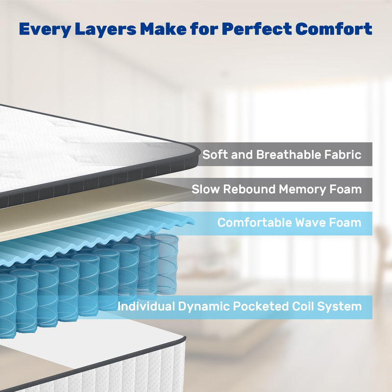 Full Mattress 10 inch Hybrid Memory Foam Pocket Innerspring Mattress 9 Zone Comfort