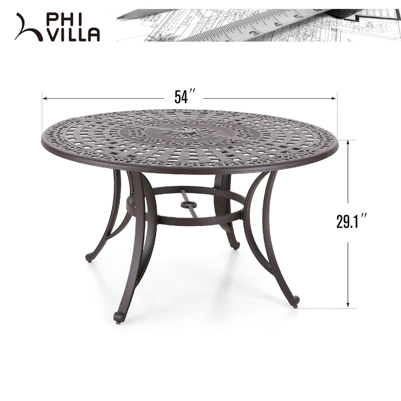 Cast Aluminum Round Patio Dining Tables for 6 Person, 54" Dia Engraved Cast-Top Aluminum Table