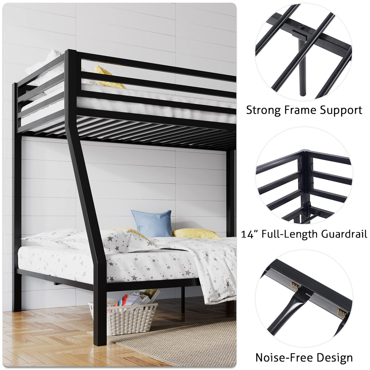 Metal Bunk Bed Twin Over Full Size with Removable Stairs, Heavy Duty Sturdy Frame