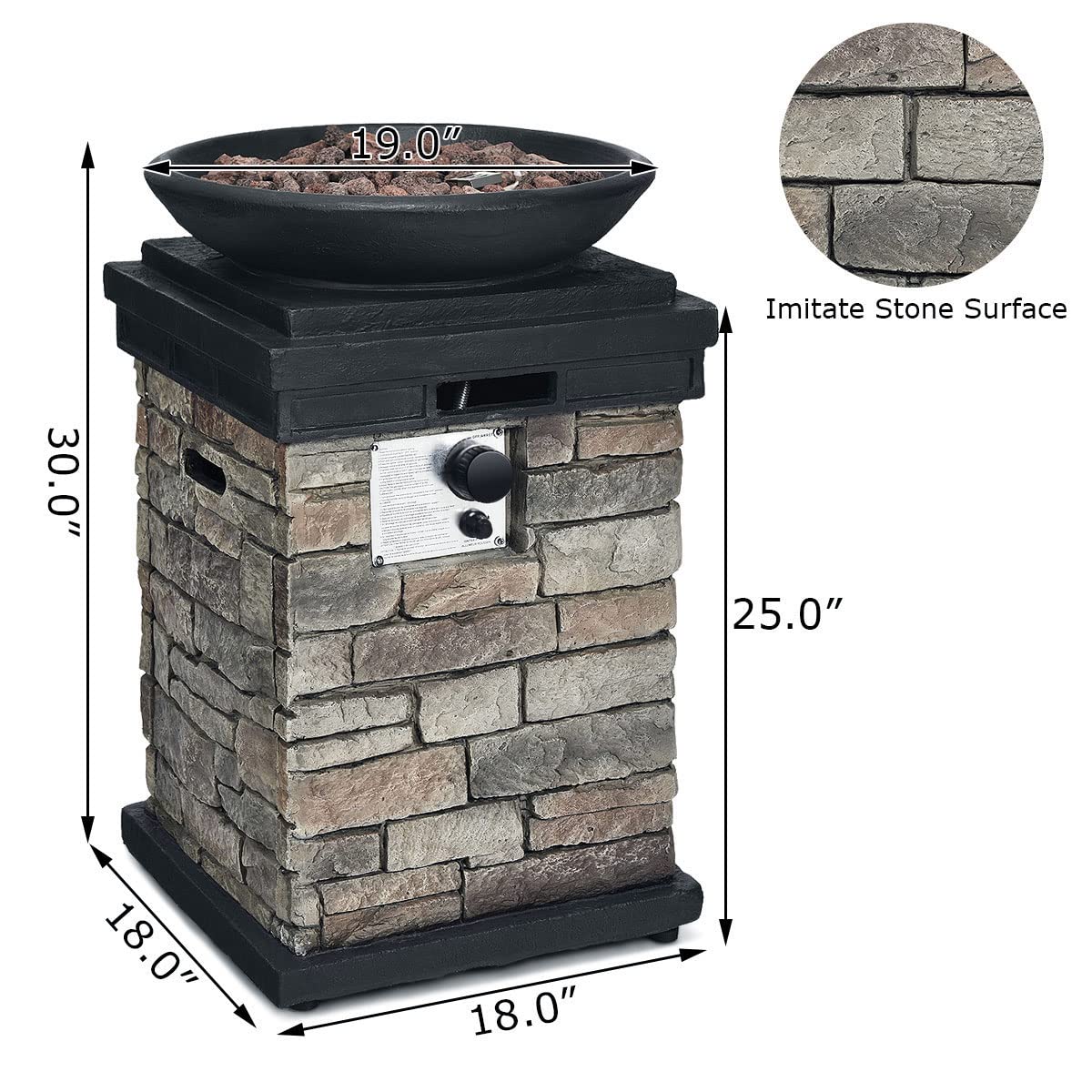 Propane Firebowl Column, 40,000 BTU Gas Fire Pit,Ledgestone Firepit