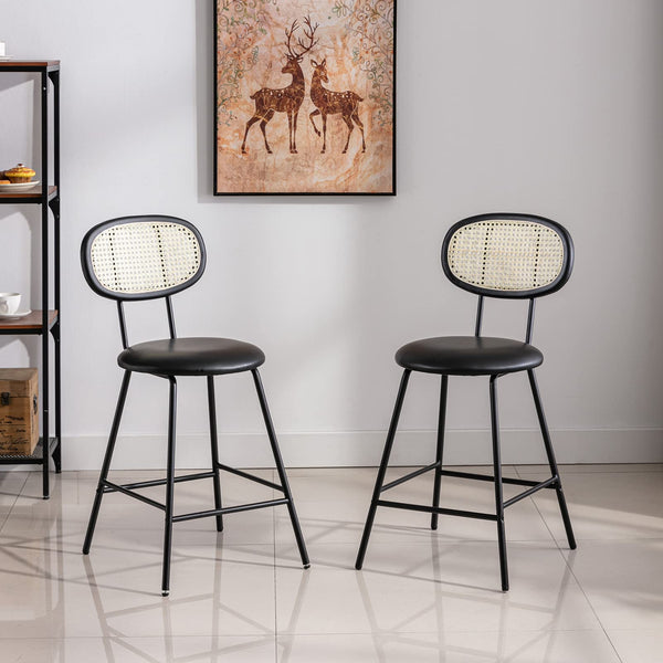Counter Stools Rattan Back Dining Chair, Indoor Faux Leather Bar Stools Set of 2