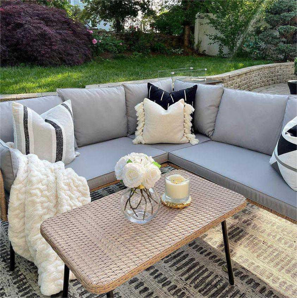 Rattan 4 PCS Patio Furniture Set, Outdoor Wicker Conversation Sectional L-Shaped Sofa