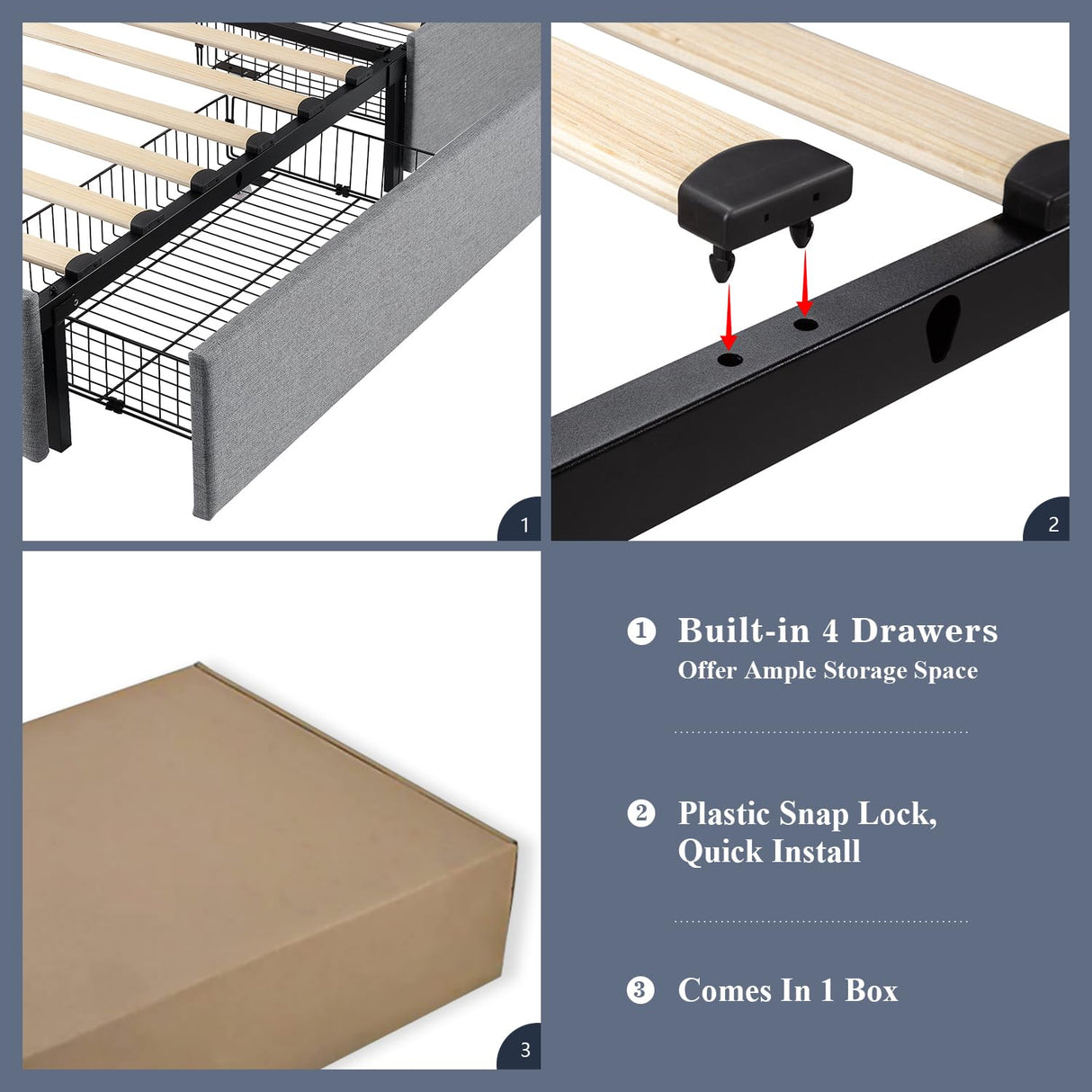 Upholstered Queen Size Platform Bed Frame with 4 Storage Drawers