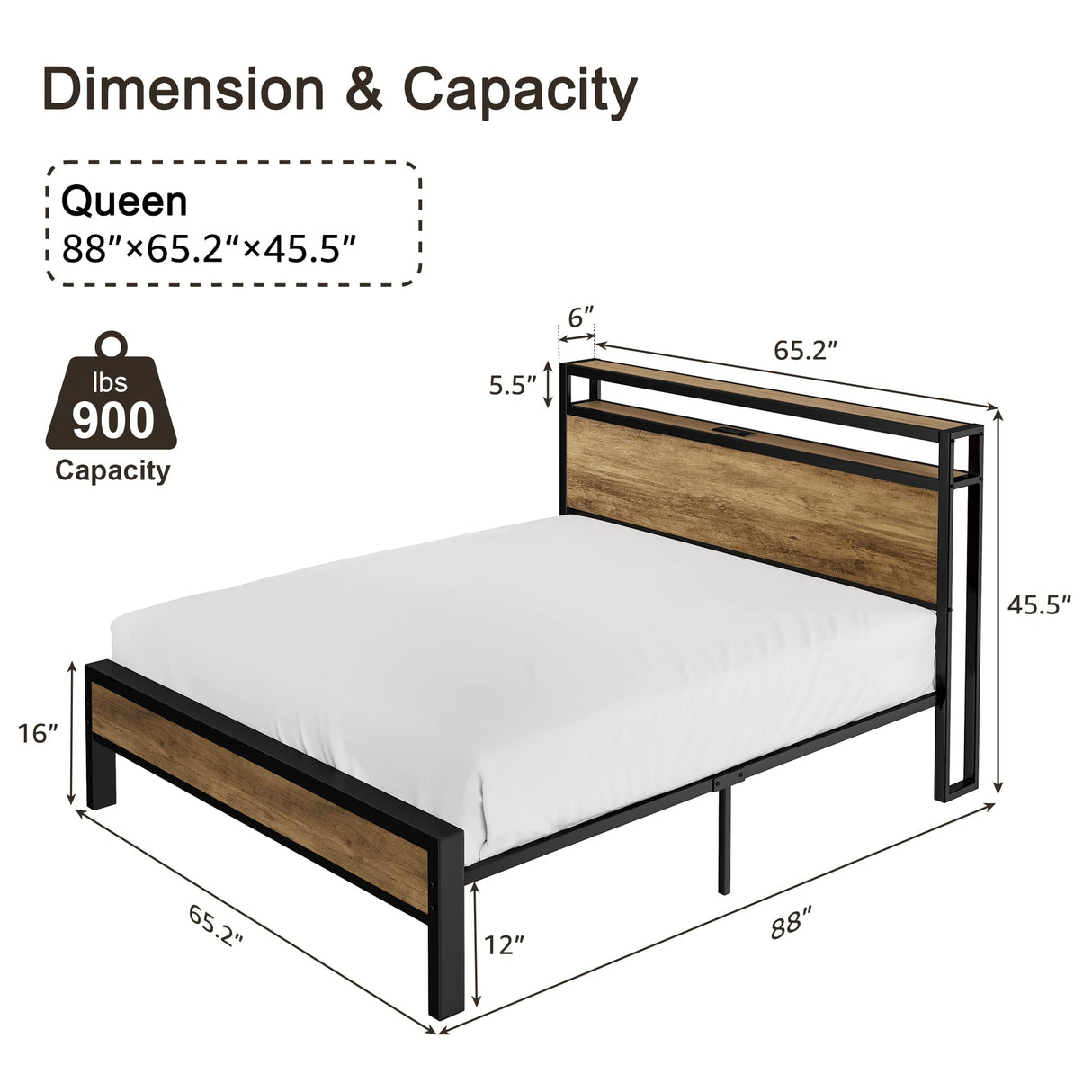 Queen Size Bed Frame, Platform Bed Frame with 2-Tier Storage Headboard and Charging