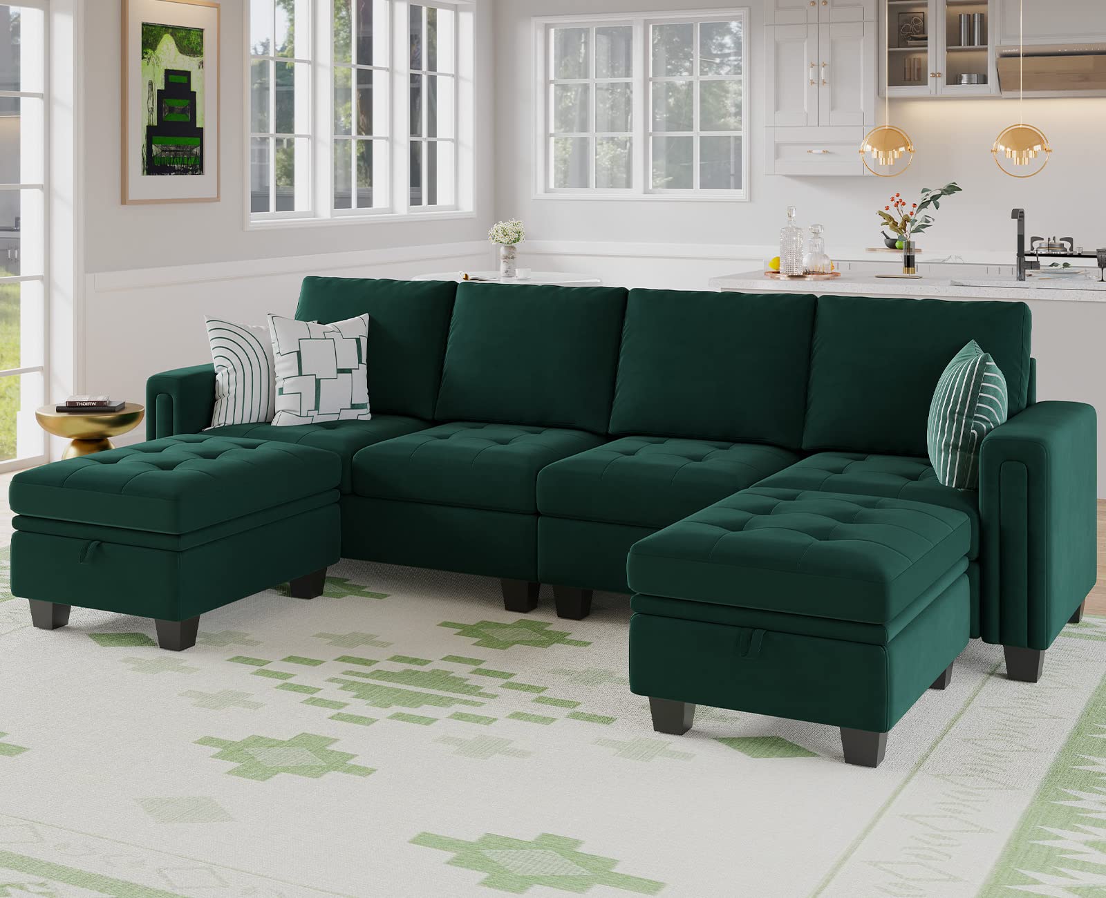 Velvet U Shaped Sectional Sofa Couch with Storage Ottoman Sectional Sofa