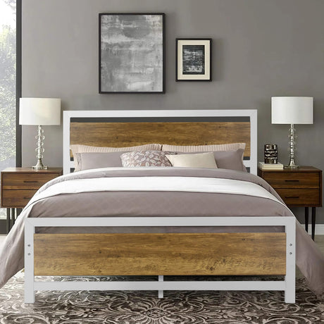 Queen Platform Bed Frame with Wooden Headboard and Footboard, Metal Bed Frame