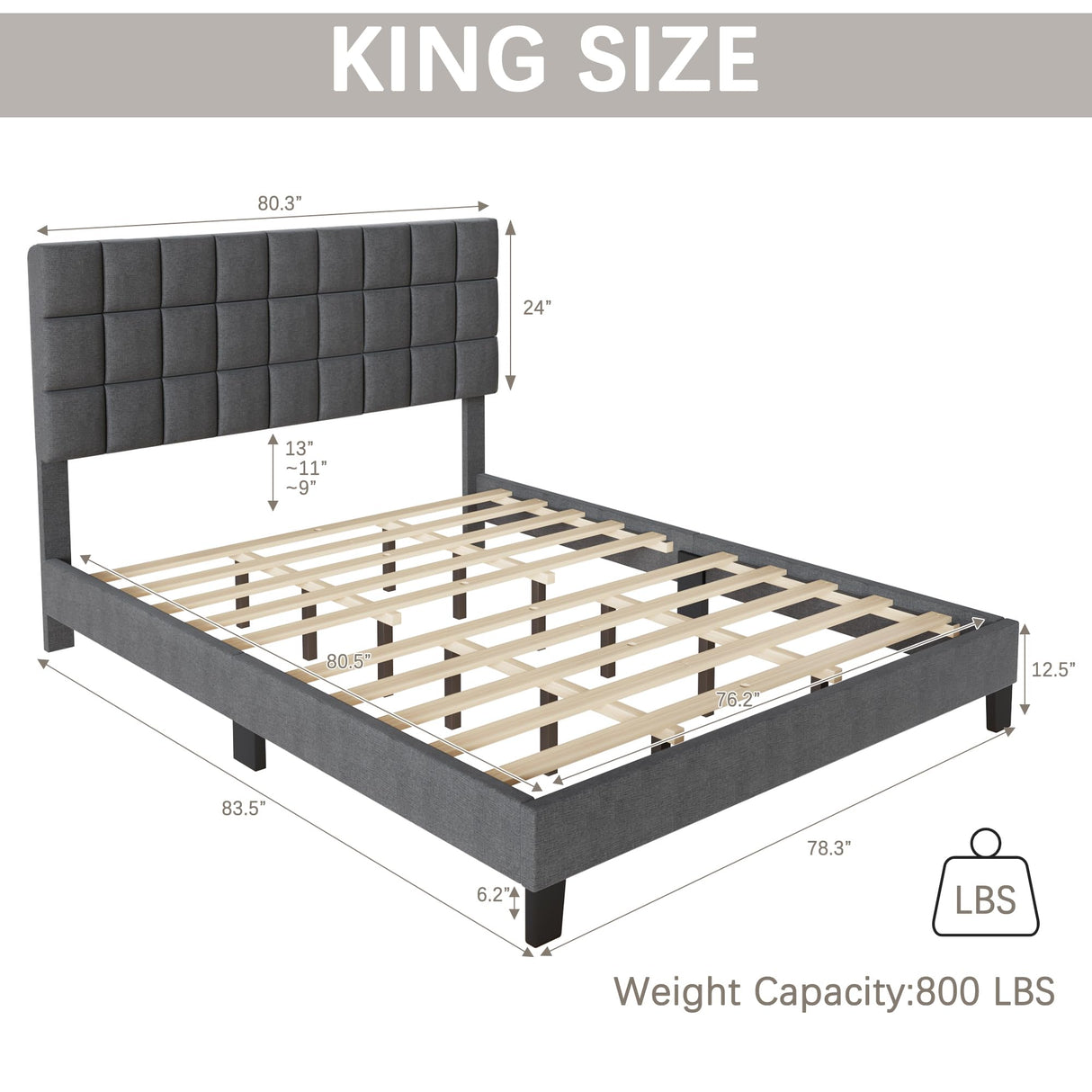 King Bed Frame Upholstered Bed Frame Platform with Adjustable Headboard Linen Fabric