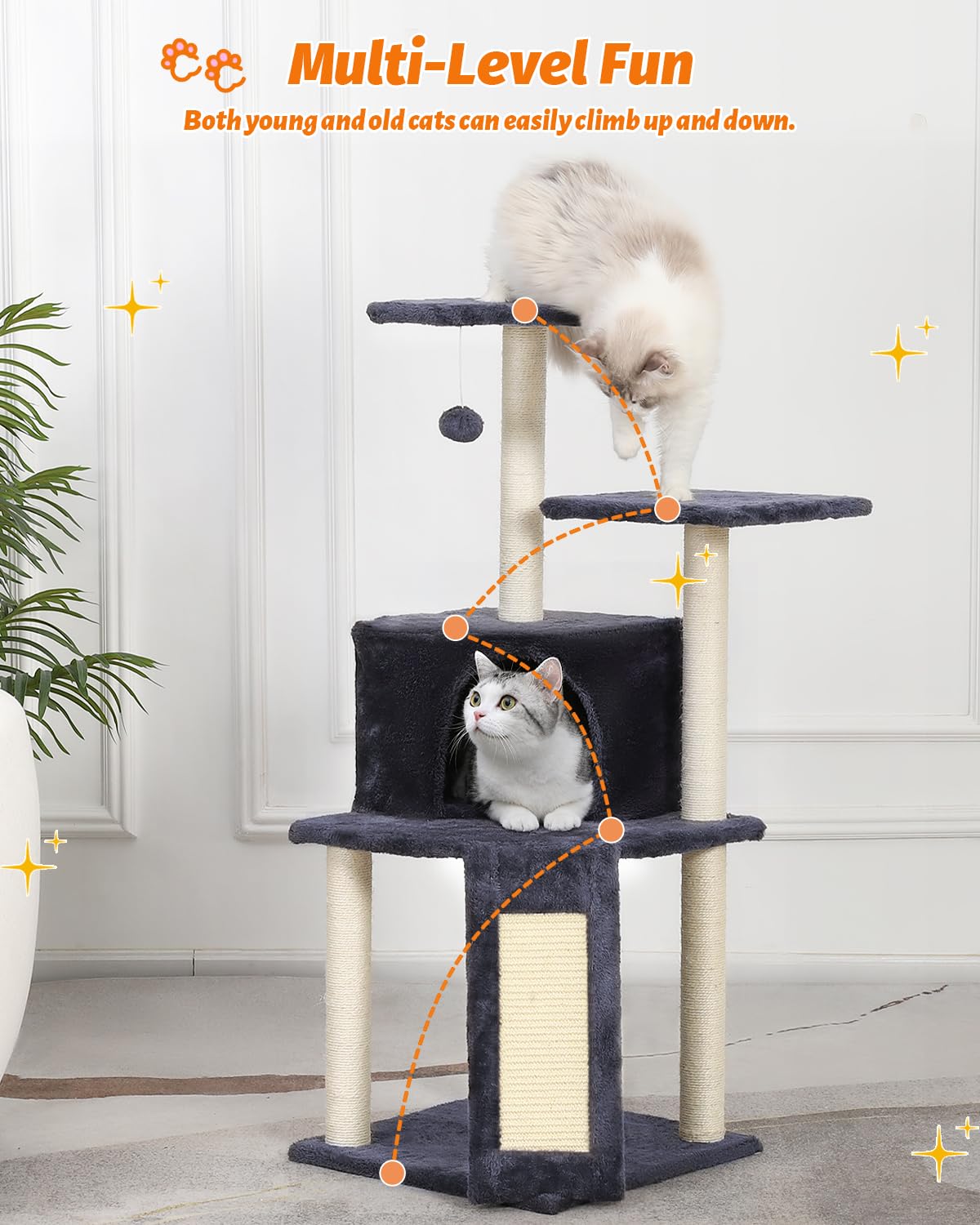 Cat Tree for Indoor Cats 43 Inch Tall Cat Climbing Tower with Sisal-Covered