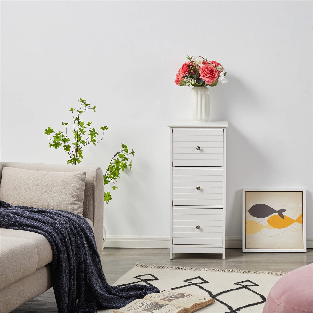 Narrow White Storage Cabinet with 3 Drawers