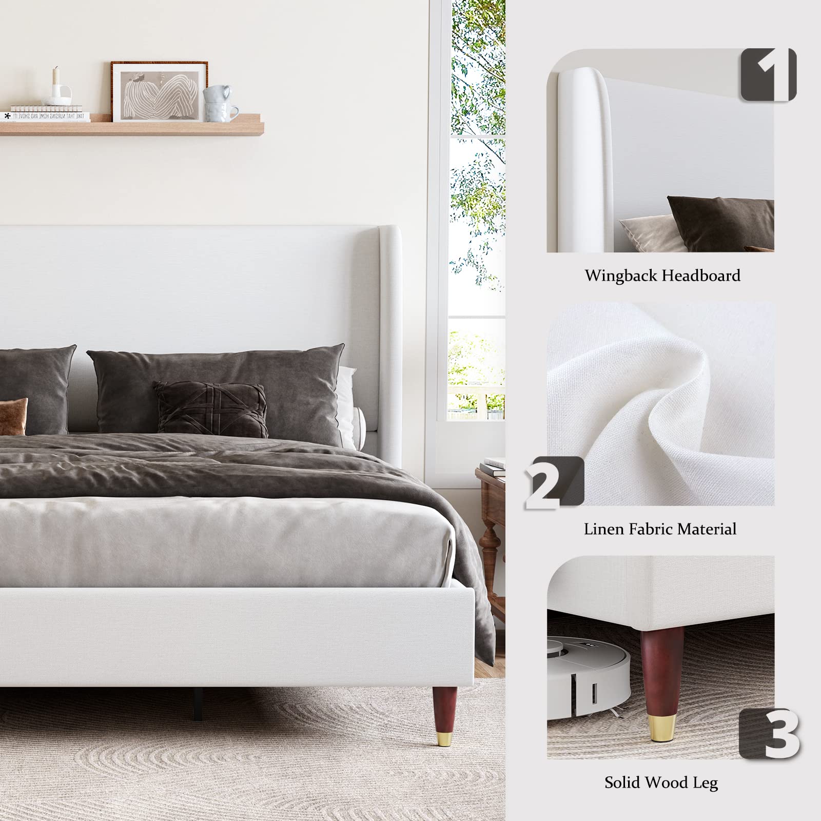 King Bed Frame Upholstered Bed with Wingback Headboard Platform Bed King Size