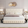 Modern Upholstered Bed Frame with 4 Storage Drawers, Button Tufted Headboard Design