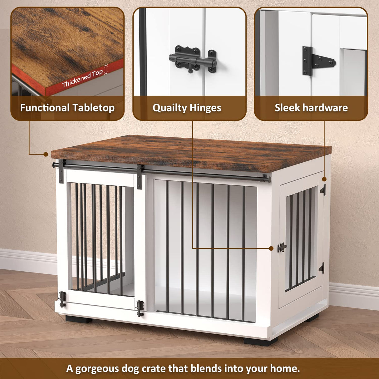 Dog Crate Furniture for Large Dogs Up to 60 lbs. - Barn Door Puppy Kennel w/Thickened