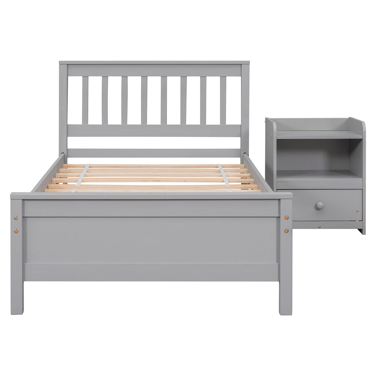 Twin Size Platform Bed with a Nightstand, Wooden Twin Bed Frame with Headboard