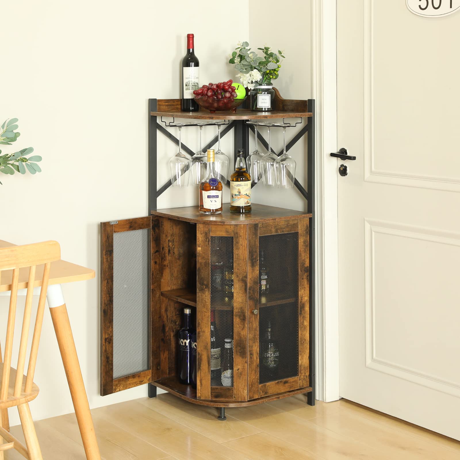 Corner Bar Cabinet with Glass Holder, Wine Cabinet with Mesh Door