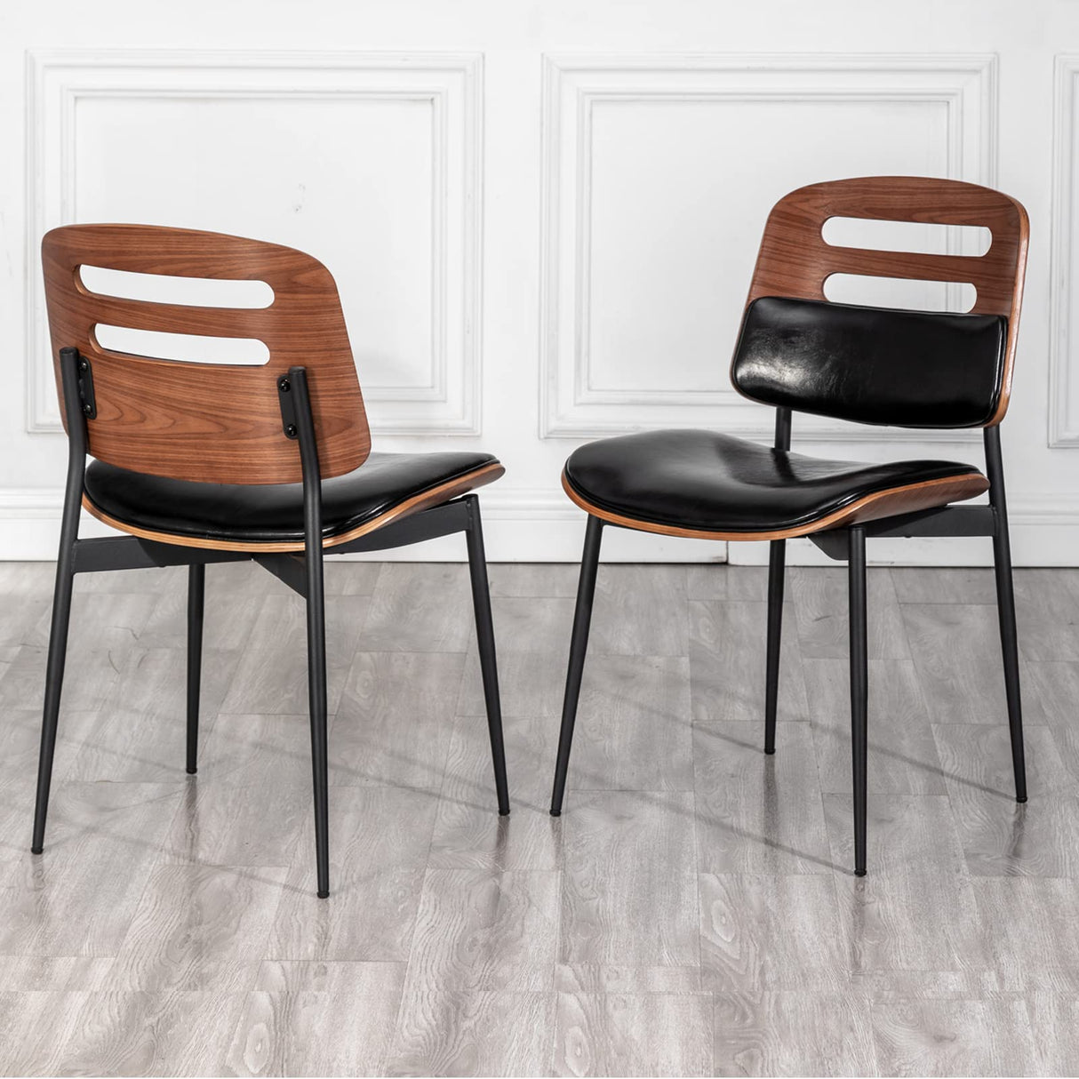 Mid Century Modern Dining Chairs, Black Leather Upholstered Kitchen