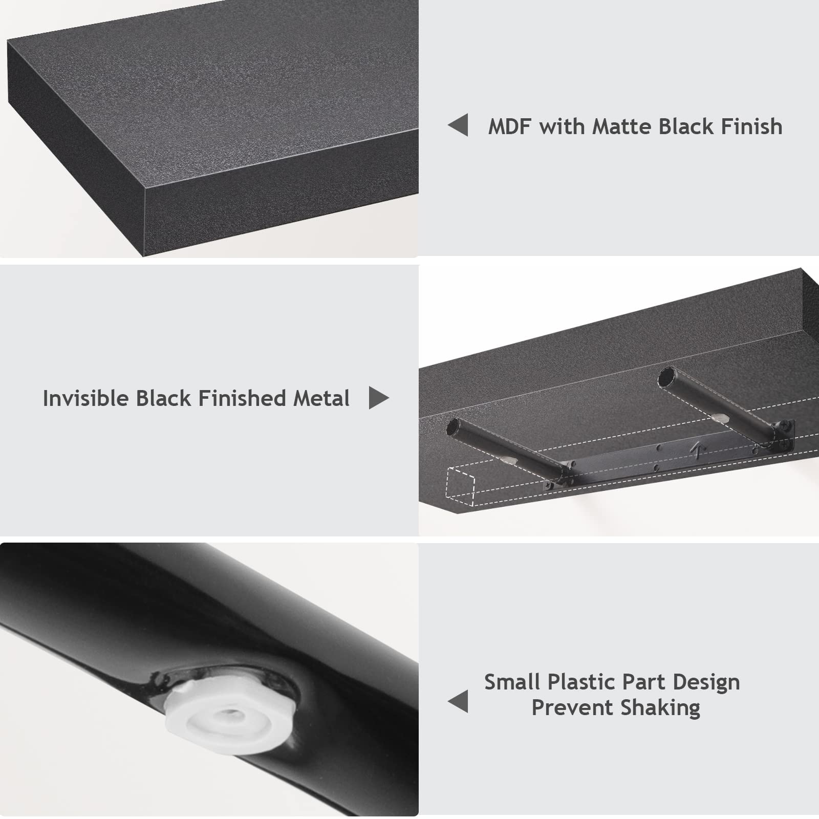 Floating Shelves Black, Wall Shelves with Invisible Brackets for Bedroom, Bathroom