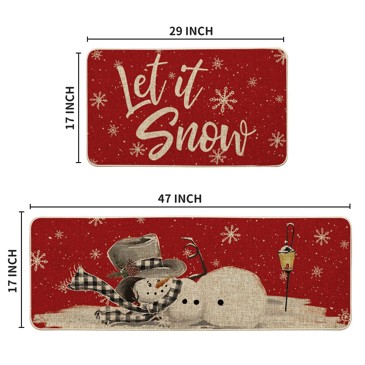 Red Let It Snow Snowflake Snowman Winter Kitchen Mats Set of 2