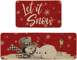 Red Let It Snow Snowflake Snowman Winter Kitchen Mats Set of 2