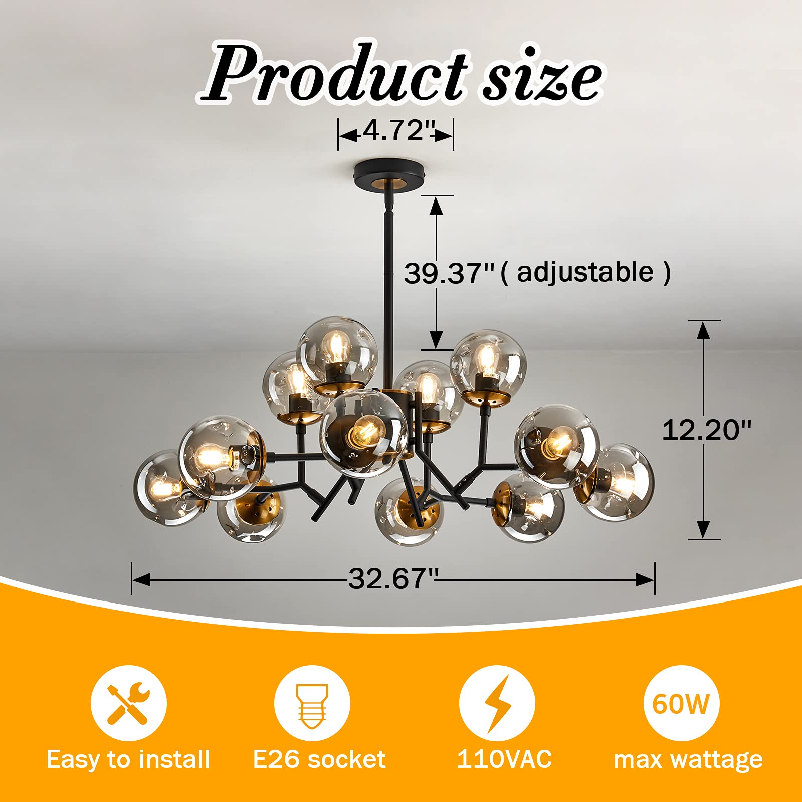 12-Light Glass Globe Sputnik Chandelier Mid-Century Modern