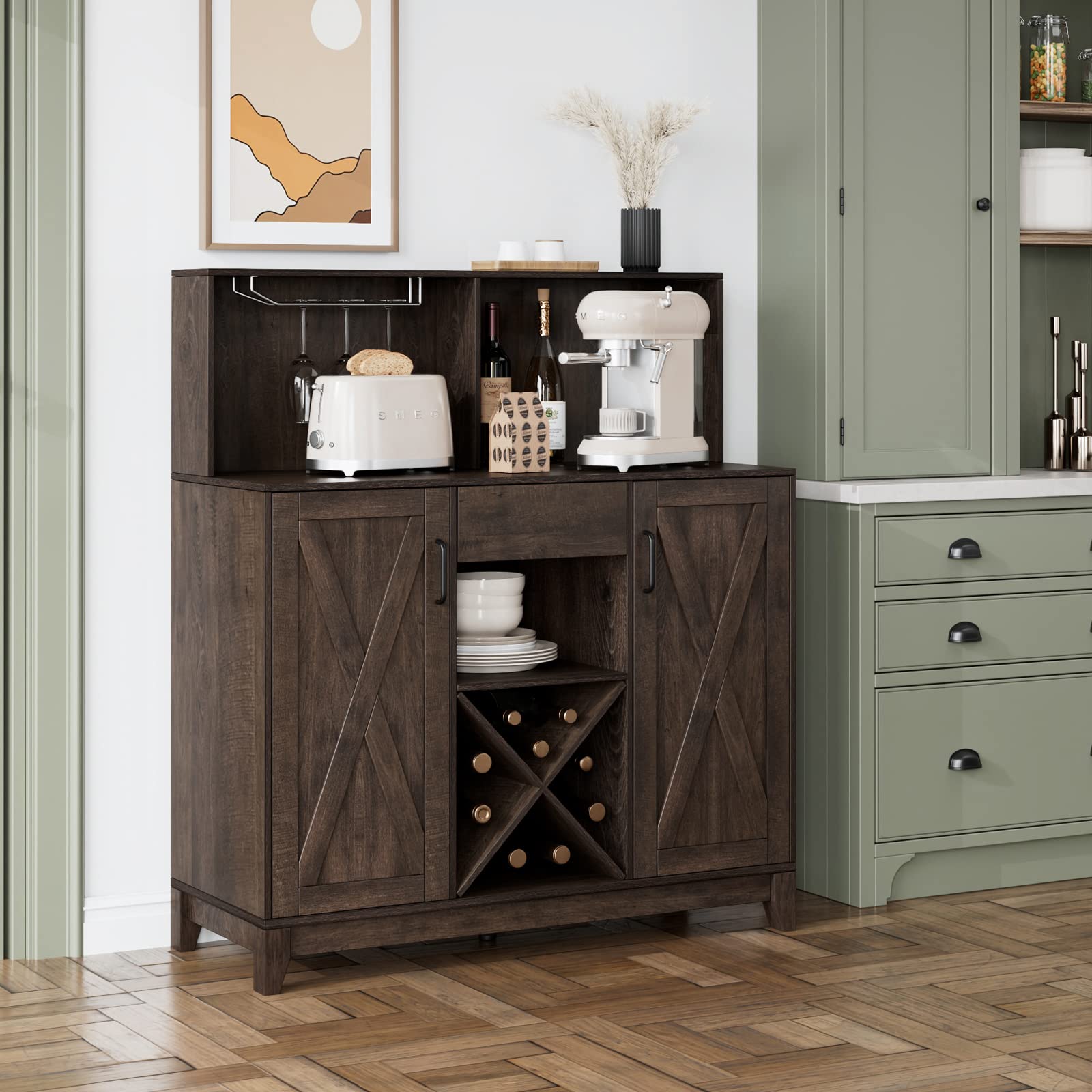 Wine Bar Cabinet for Liquor and Glasses, Barn Doors Wine Cabinet