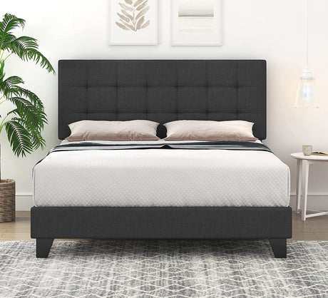 Queen Size Panel Bed Frame with Adjustable High Headboard/Fabric Upholstered/Box