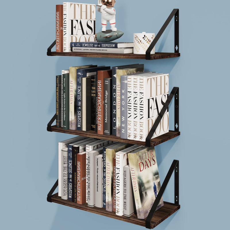 Floating Shelves 8" Deep Rustic Wood Wall Shelf Set of 3, Small Bookshelf for Living Room