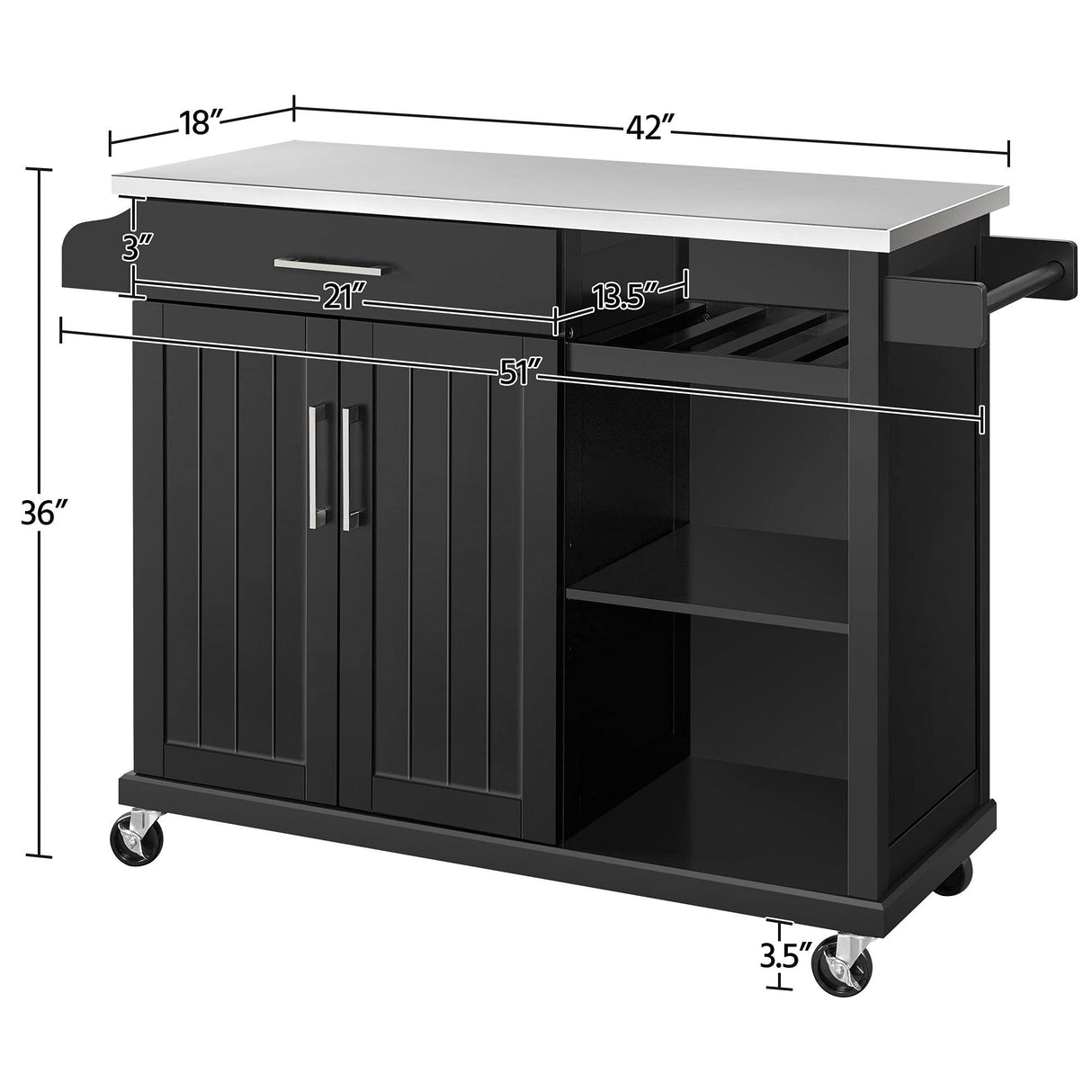 Kitchen Cart with Stainless Steel Top and Storage Cabinet, Kitchen Island