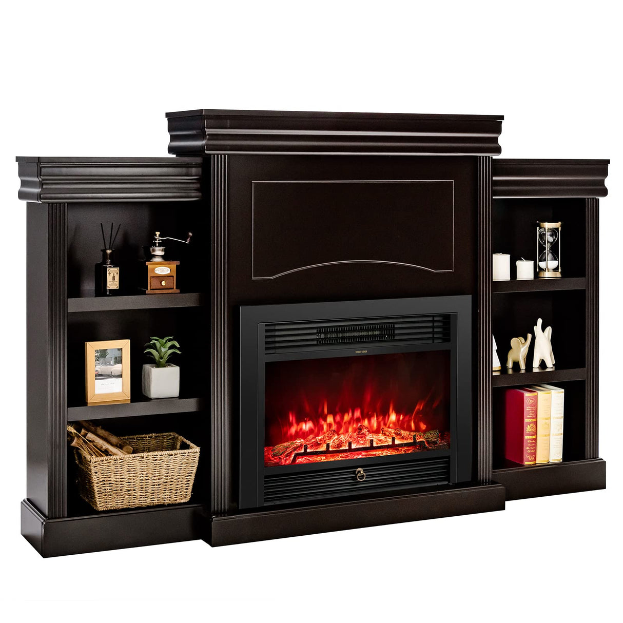 750W/1500W Electric Fireplace w/Mantel & Built-in Bookshelves