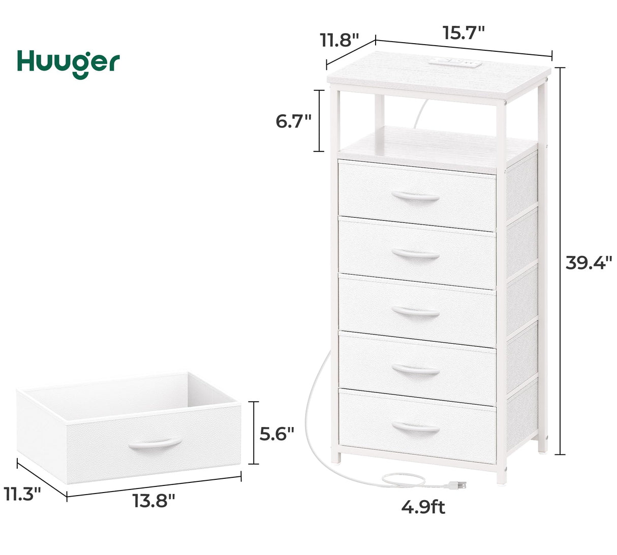 5 Drawers Dresser with Charging Station, Dresser for Bedroom, Tall Night Stand