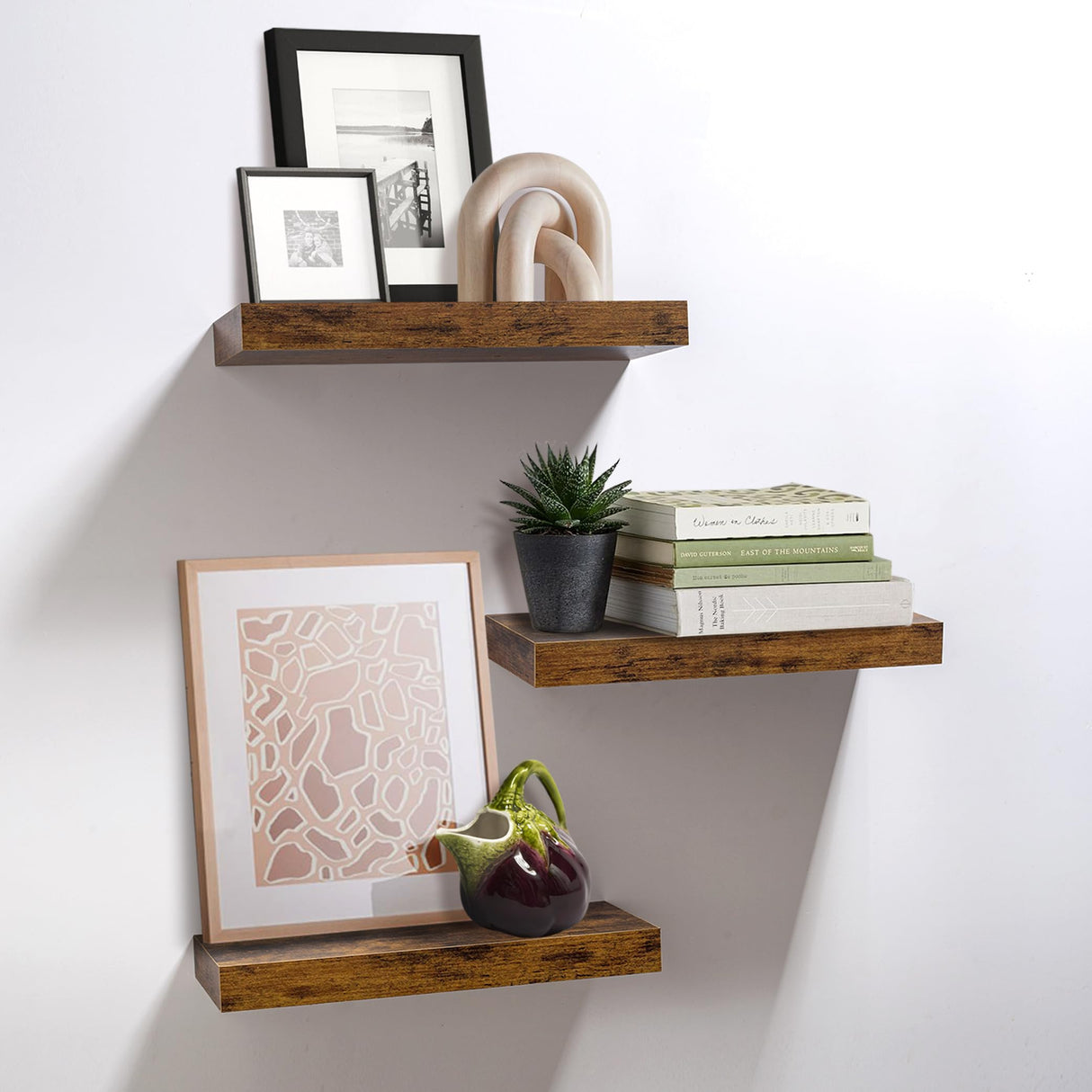 Floating Shelves, Stylish Rustic Wooden Wall Shelves with Invisible Brackets, Versatile