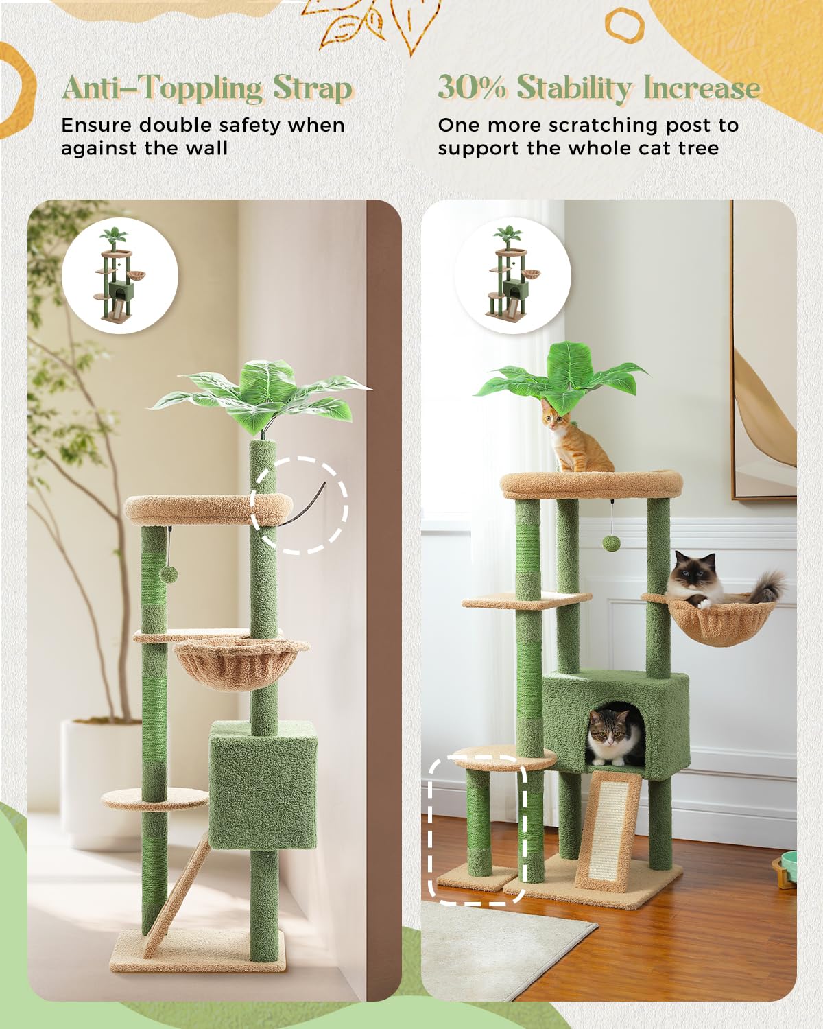 Cactus Cat Tree for Indoor Cats, 53'' Green Cat Tower with Large Cat Condo