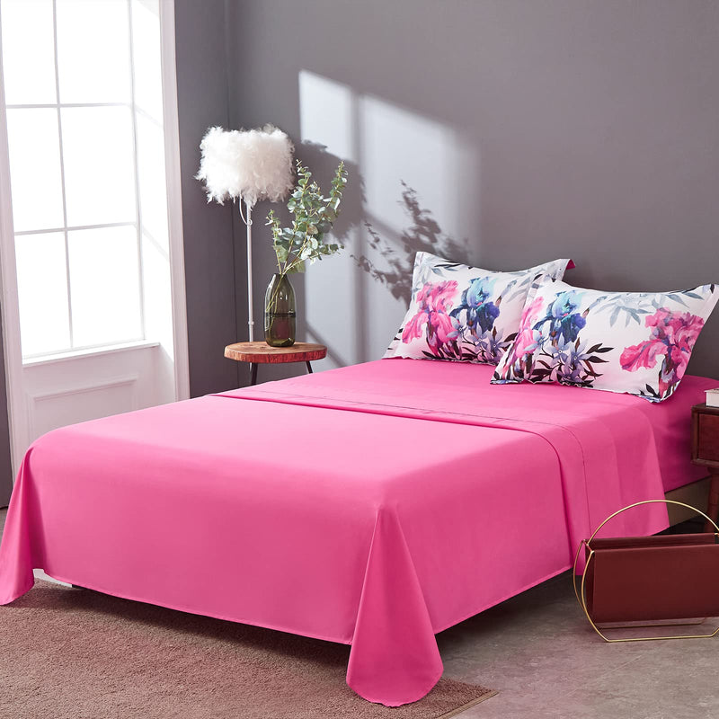 7 Piece Bed in A Bag King Floral Comforter Set, Pink and Blue Botanical Flowers Leaves Comforter and Sheet Set