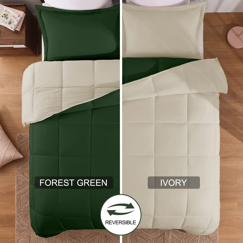 Queen Size Comforter Set - Reversible Washed Microfiber Forest Green and Ivory