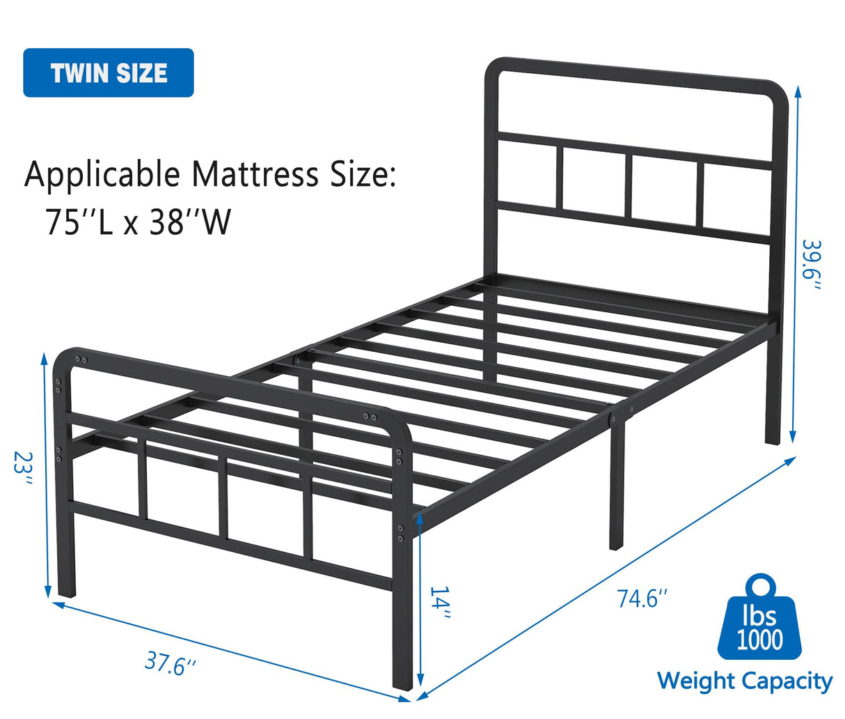 Twin Size Metal Bed Frame with Headboard and Footboard, 14 Inch Black Heavy Duty Mattress Foundation