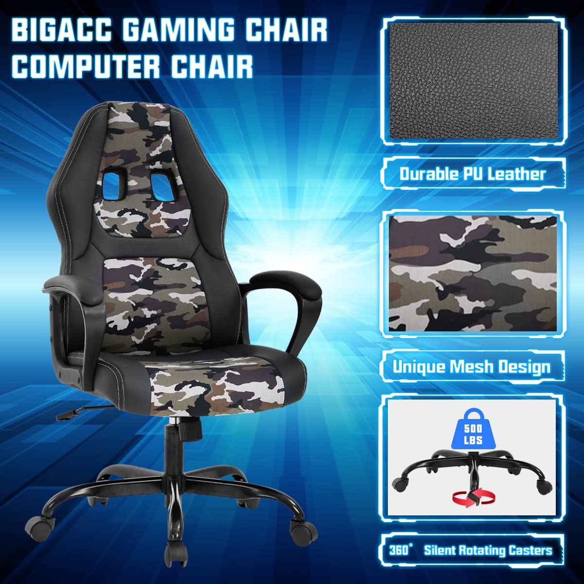 Gaming Chair PC Computer Chair Office Chair for Adult Teen Kids, Ergonomic PU Leather Gamer Chair with Lumbar Support