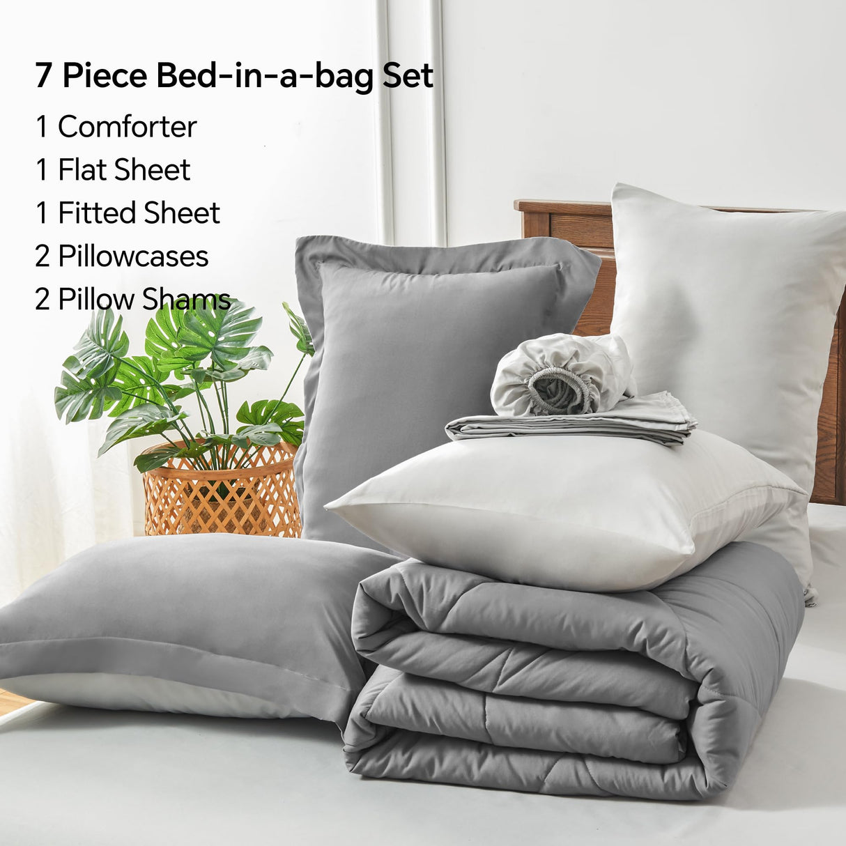 Queen Comforter Set 7 Pieces Bed in A Bag - Soft Microfiber Reversible Grey Bed Set