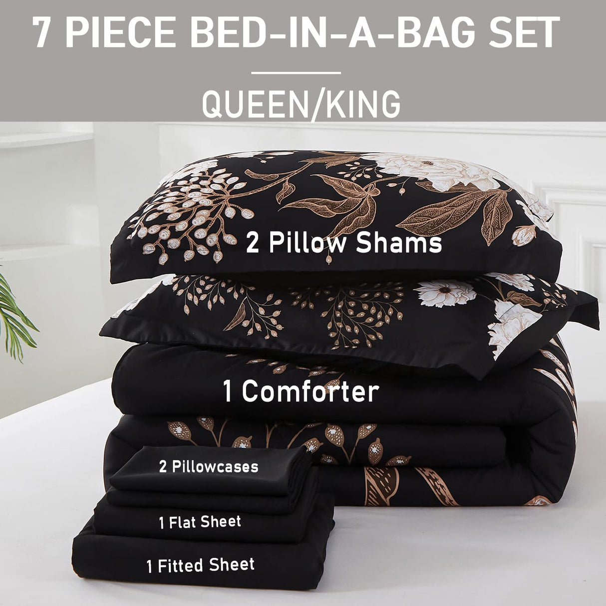 7 Piece Bed in a Bag Queen Comforter Set Botanical Floral Bedding Set