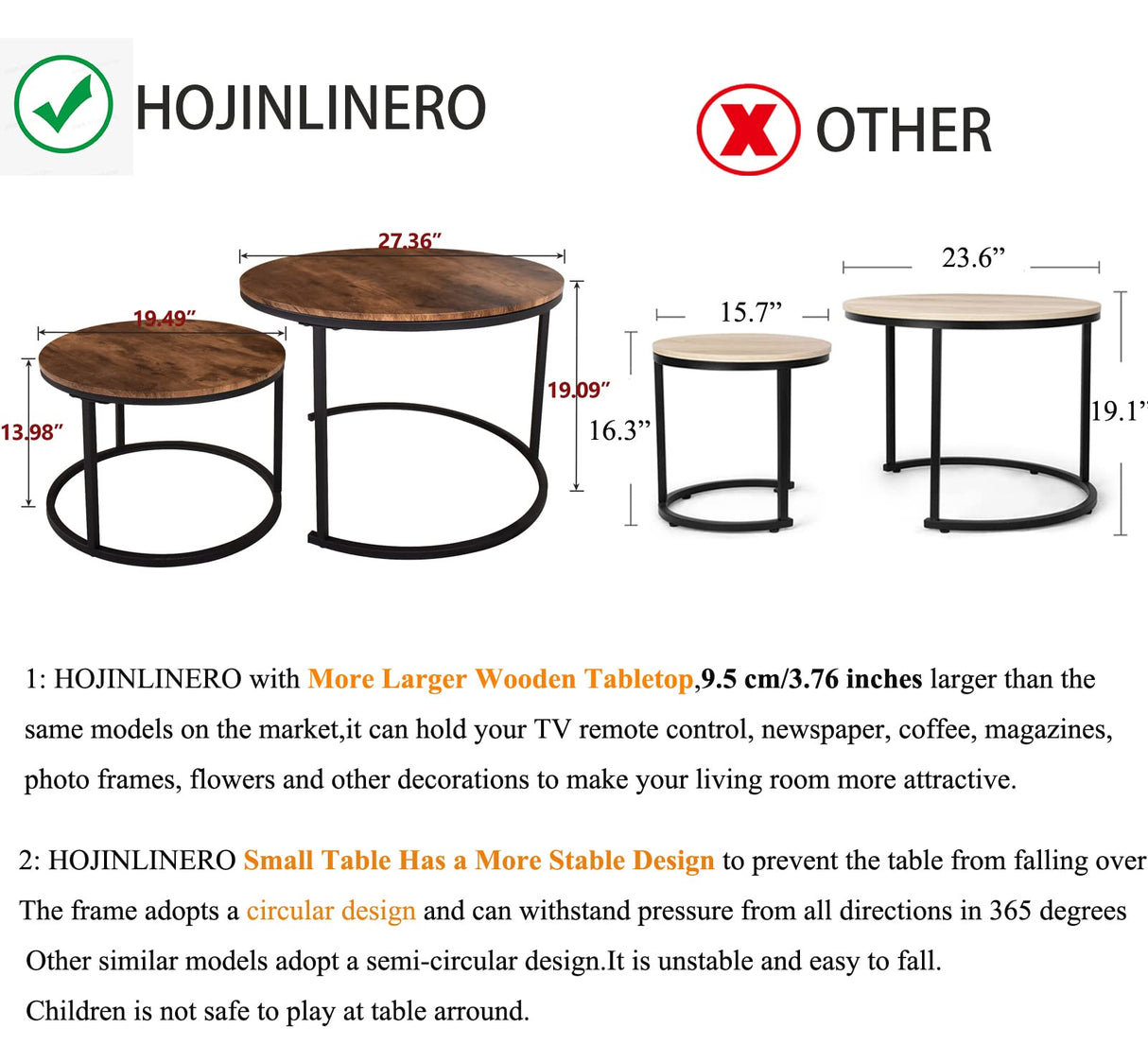 Industrial Round Coffee Table Set of 2 End Table for Living Room, Stacking Side Tables