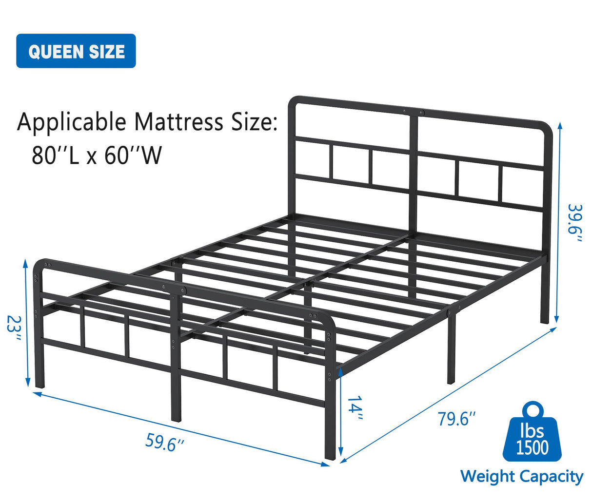 Queen Size Metal Bed Frame with Headboard and Footboard, 14 Inch Black Heavy Duty Mattress