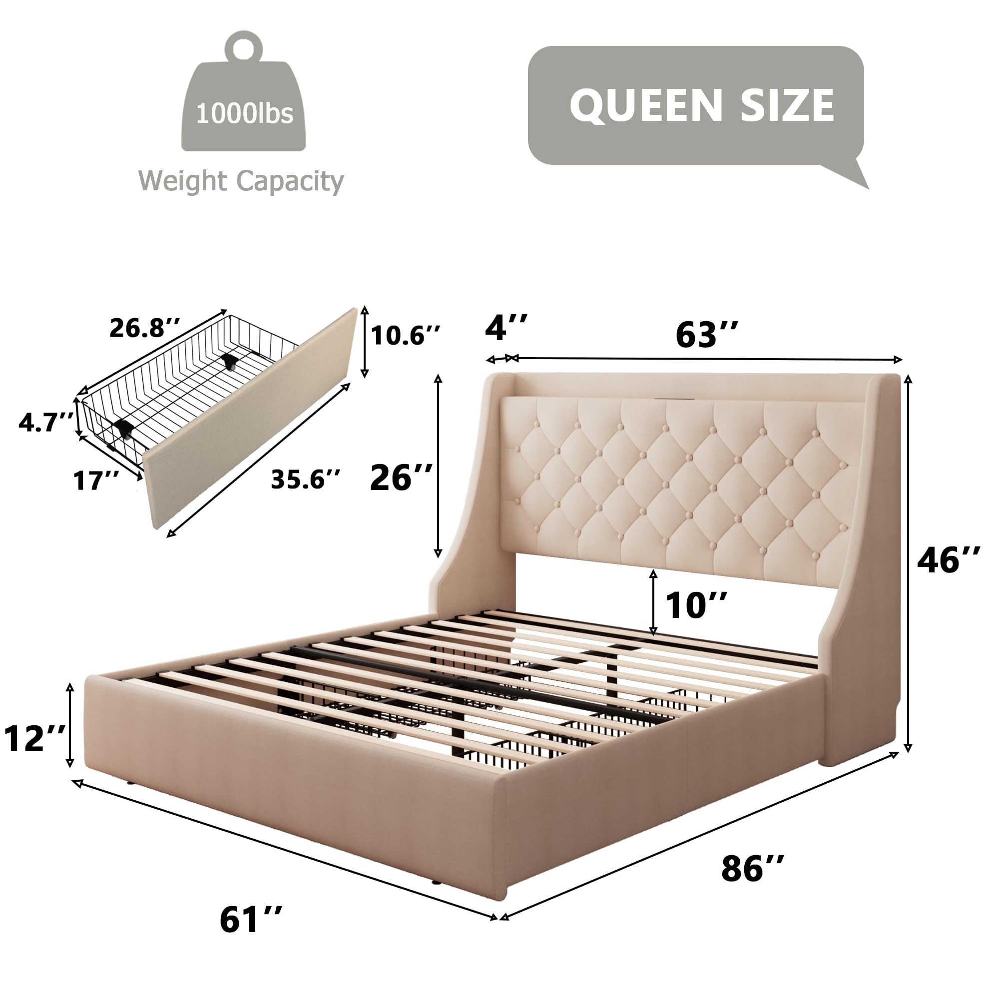 Queen Bed Frame with 4 Storage Drawers, Type-C & USB Port and Charging Station