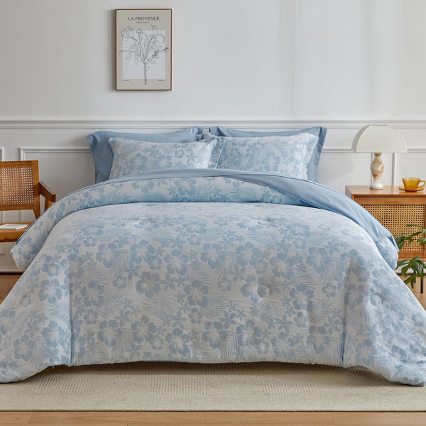 King Comforter Set, White Blue Floral Bedding Comforter Sets