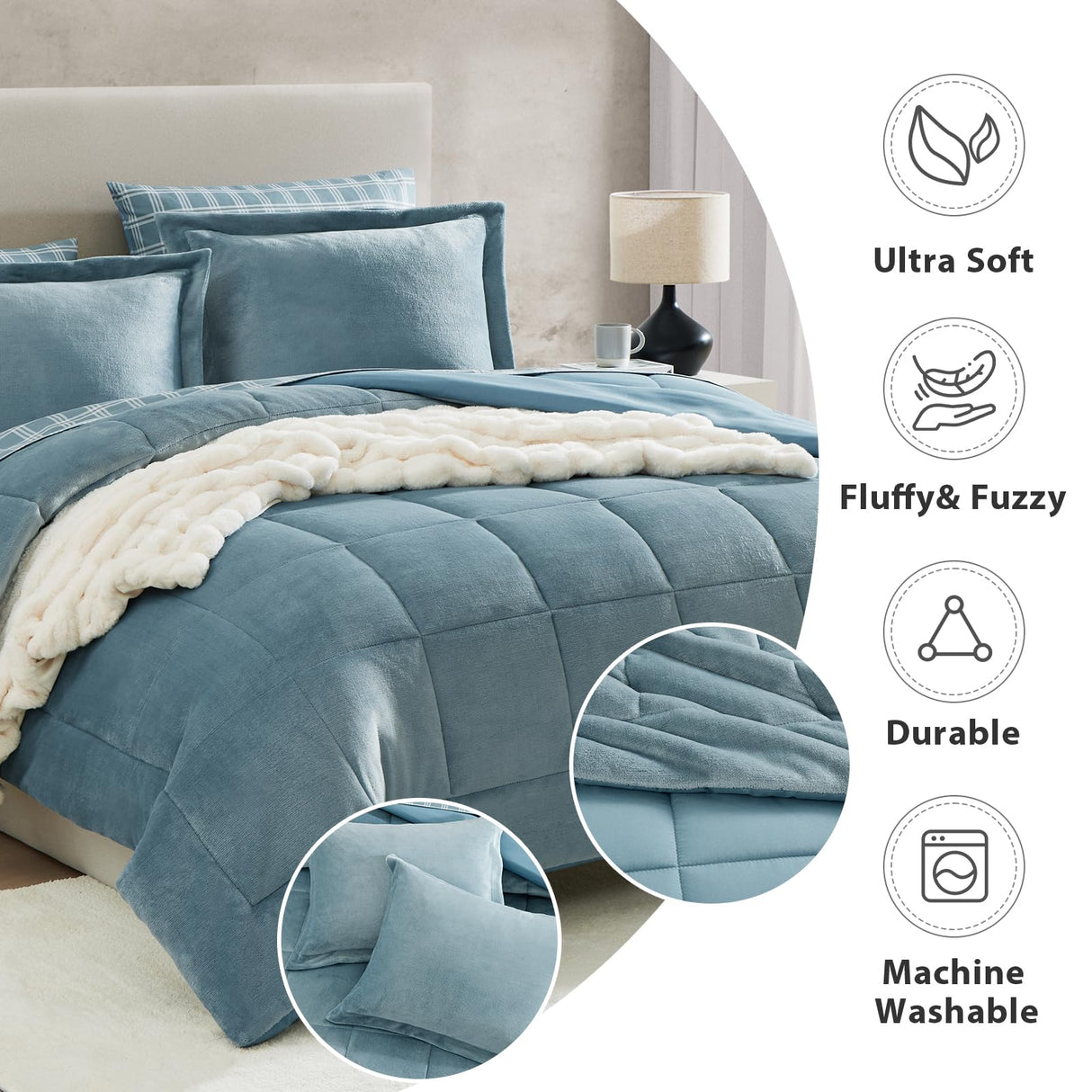 Luxury Bed in A Bag Full Plush, Light Blue 7 Piece Plush Flannel Full Size Bedding Sets