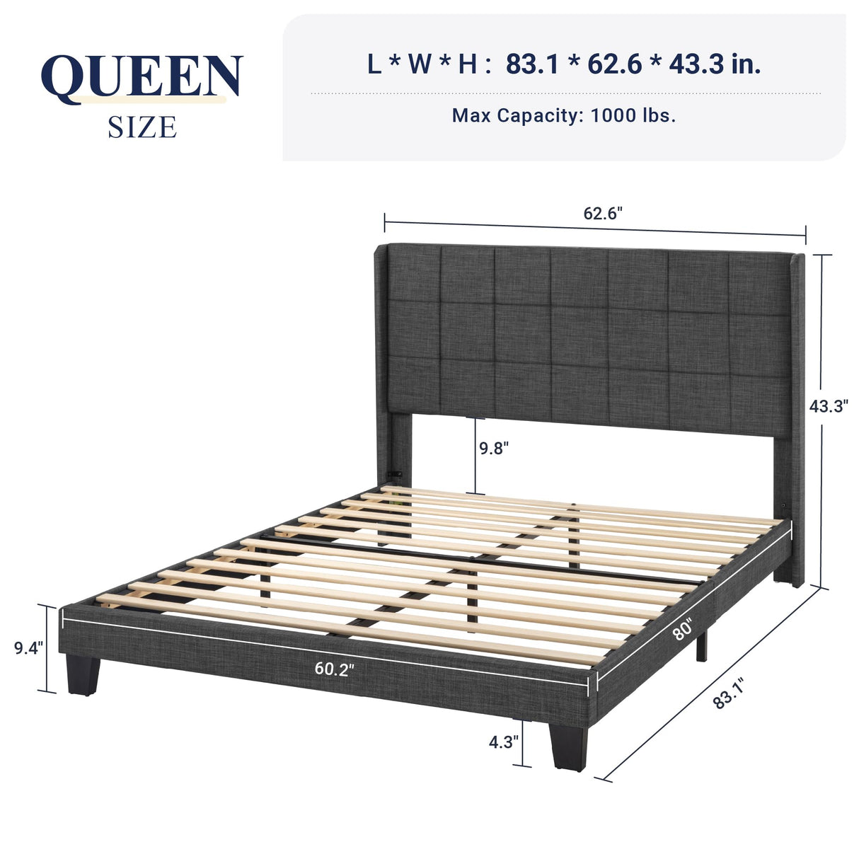 Queen Size Platform Bed Frame with Wingback, Fabric Upholstered Square Stitched