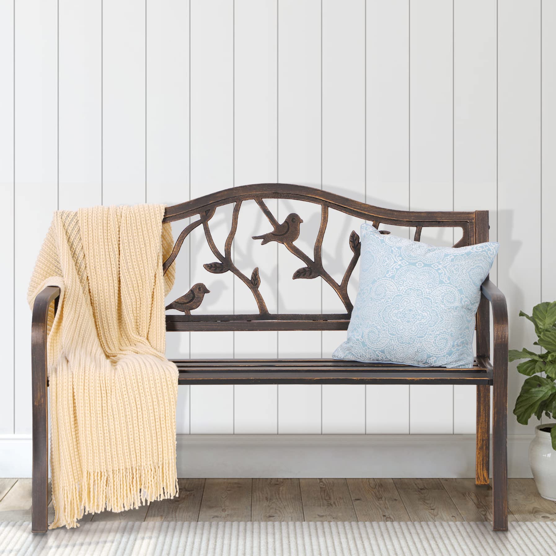 50" Outdoor Garden Bench,Patio Metal Frame Park Bench with Bird Backrest