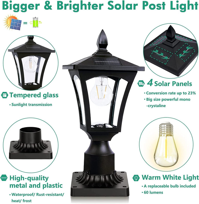 Outdoor Solar Post Light Fixture with 3" Pier Mount Base, Dusk to Dawn Outdoor Solar Lamp