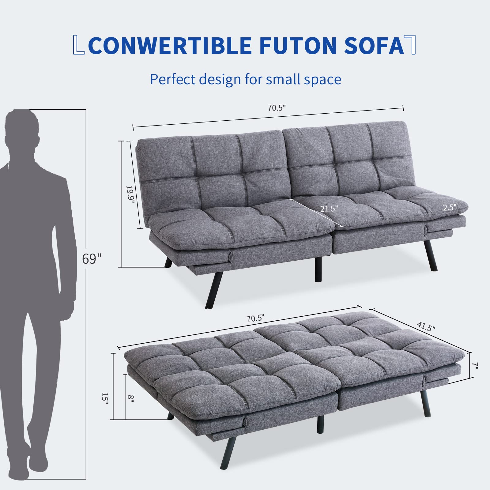 Fabric Futon Sofa Bed, Memory Foam Couch Convertible Loveseat, Sleeper Sofa